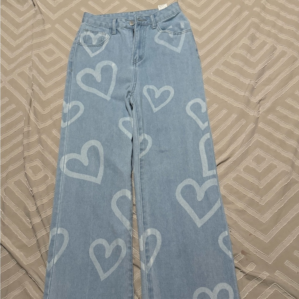 SHEIN Blue Heart Print Flare Jeans